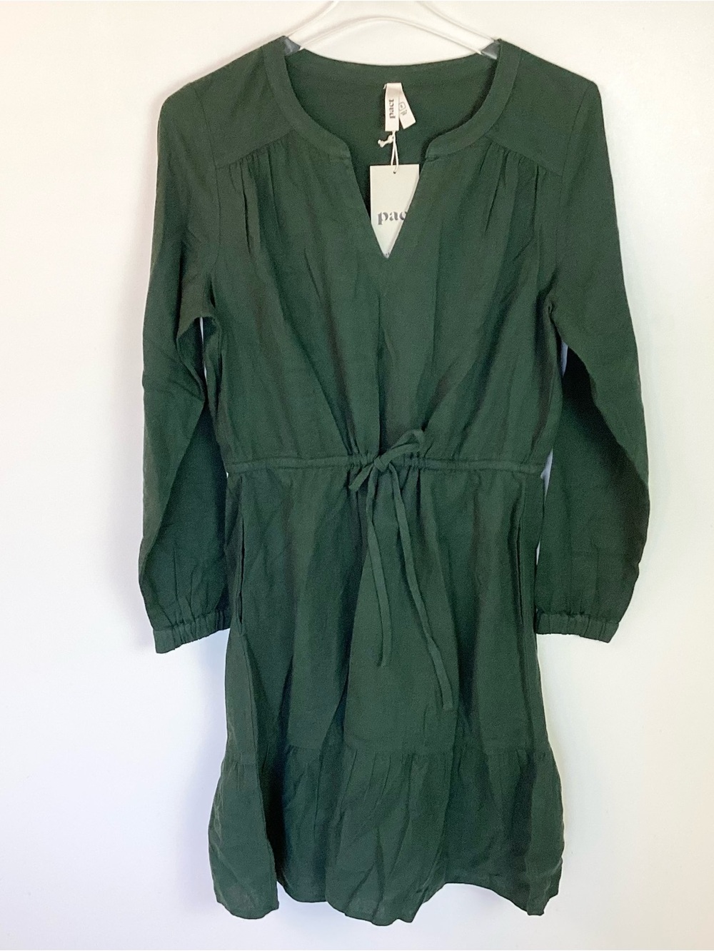 NWT Pact Organic Long Sleeve Tie Waist Tiered Dress - Green - S